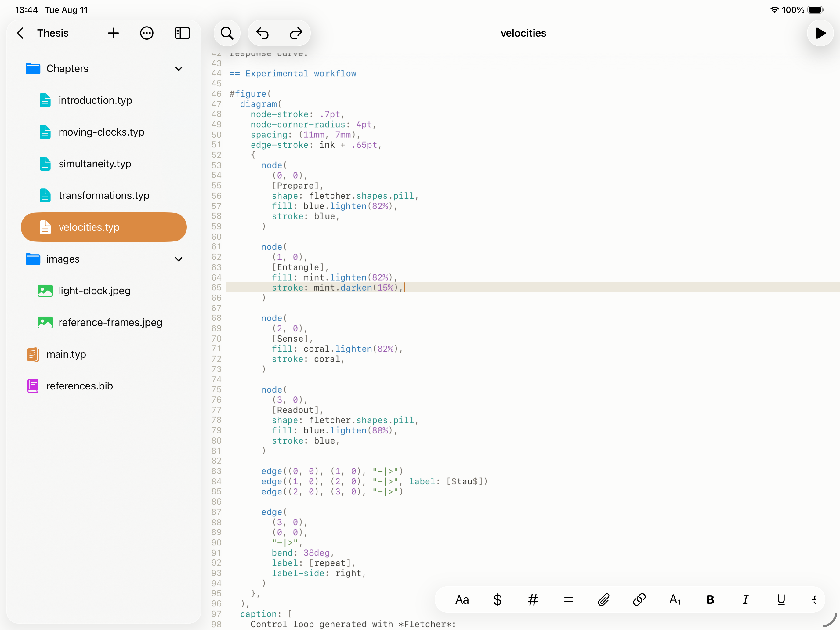 TypeWright editing a multi-file Typst thesis on iPad